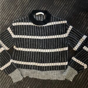 Tela Black and Gray Striped Crew Neck Sweater